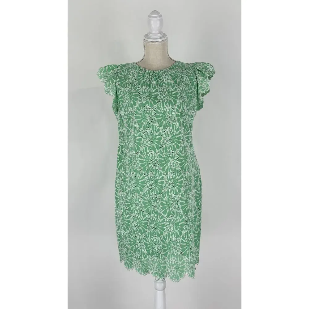 Loft Eyelet Shift Dress Short Flutter Sleeve Womens Size 6 Green White New